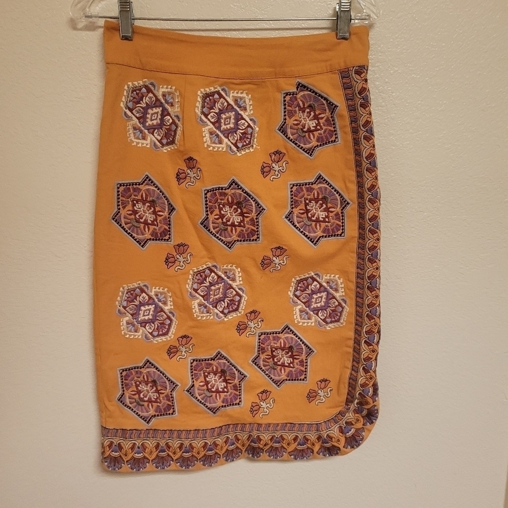 By Anthropologie Orange Embroidered Skirt